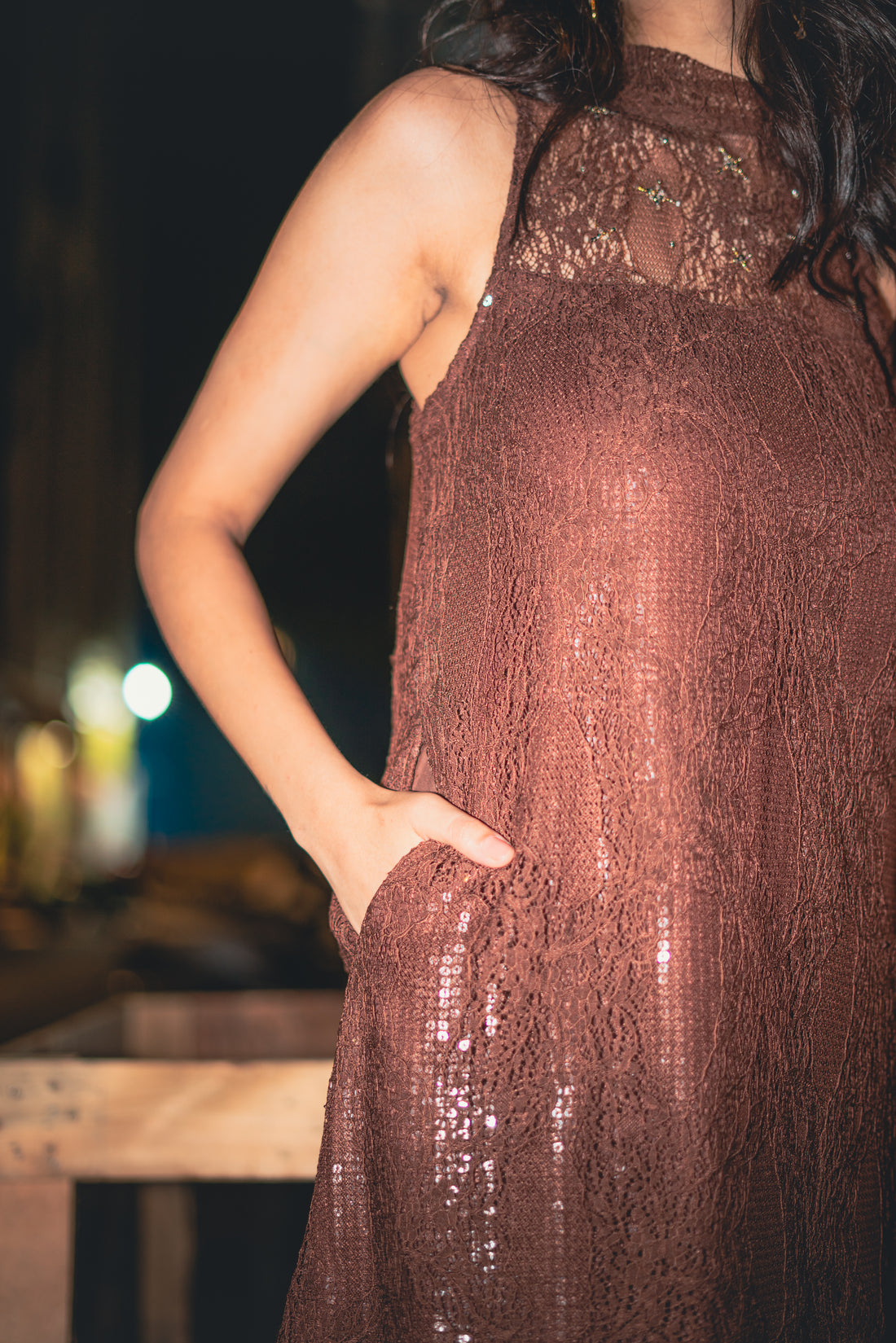 Chocolate Brown Lace Halter Dress