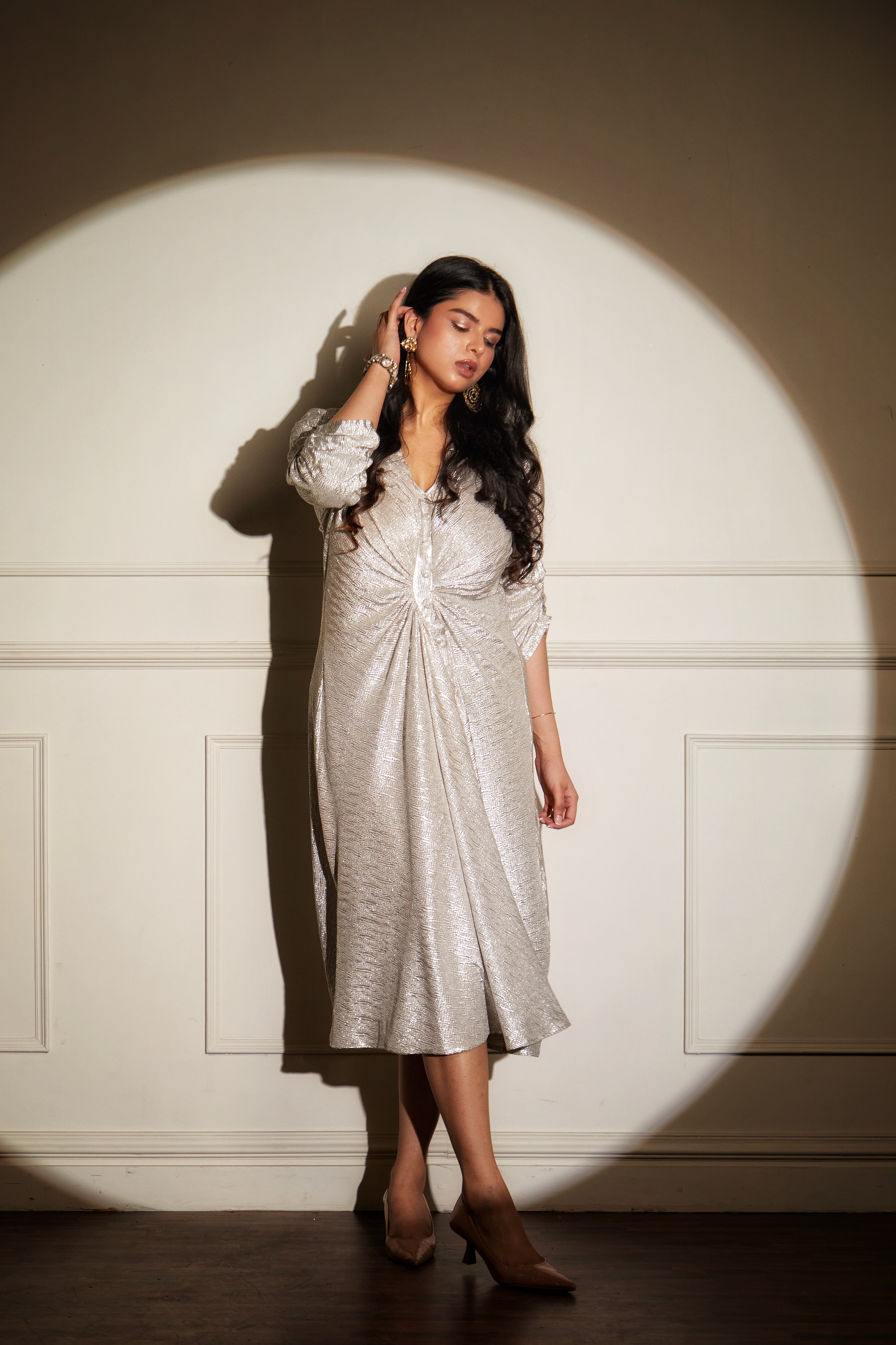 SILVER CINCHED MIDI DRESS