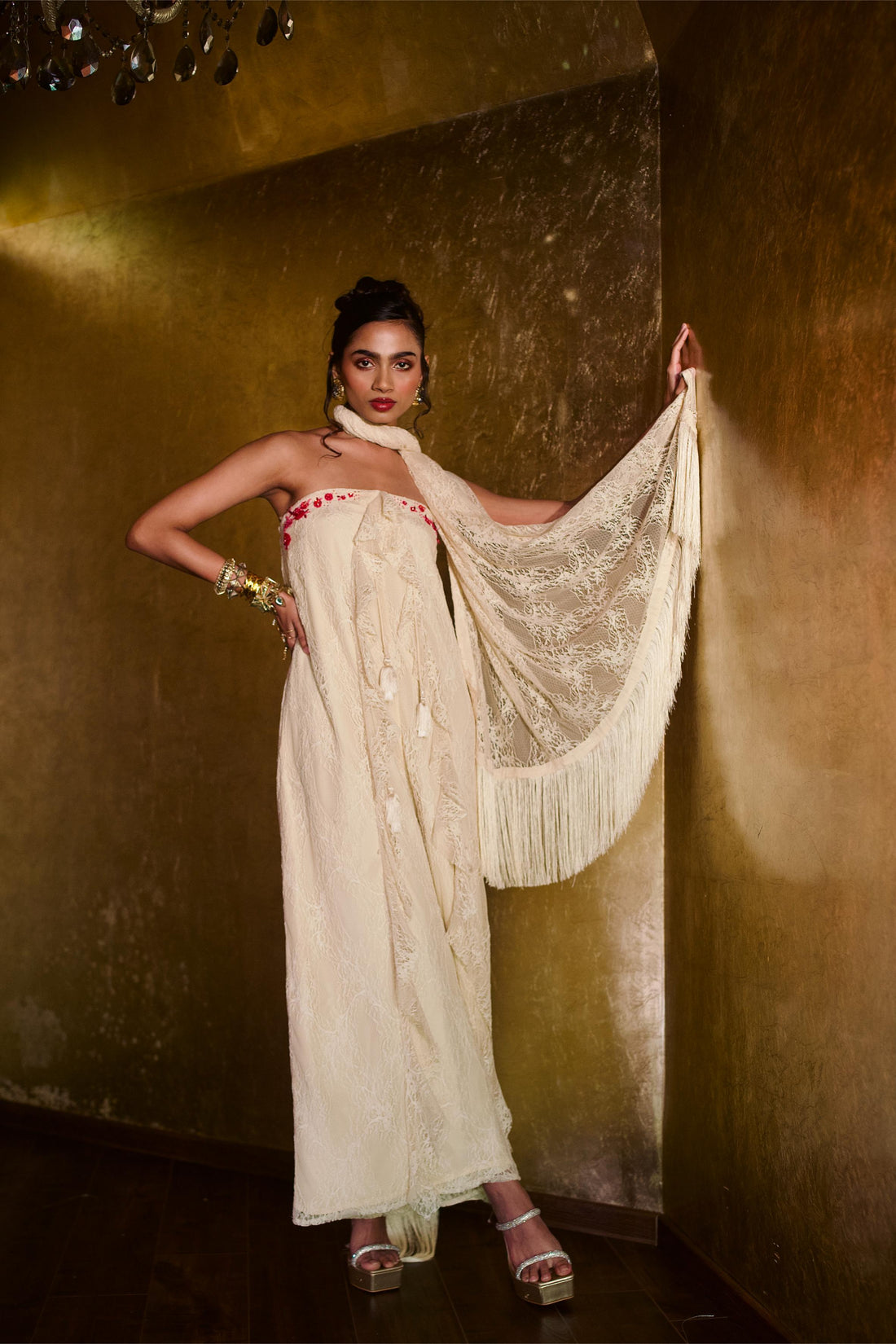 IVORY TUBE RUFFLE JUMPSUIT WITH DUPATTA