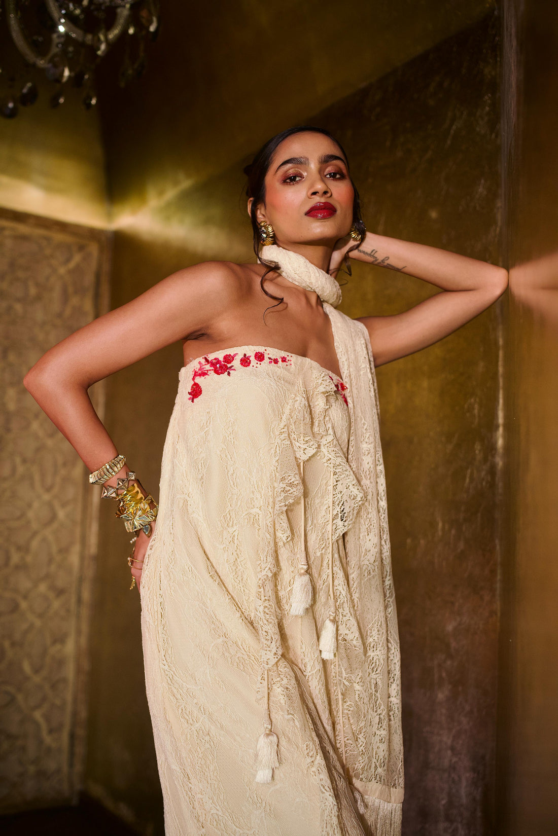 IVORY TUBE RUFFLE JUMPSUIT WITH DUPATTA