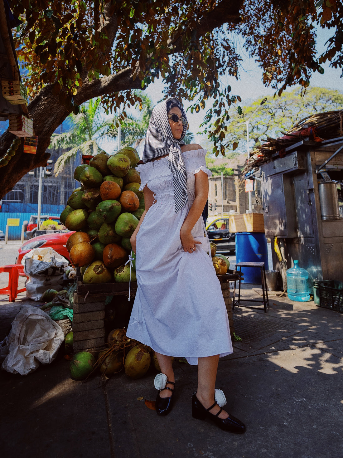 WHITE LILY SMOCKED OFF SHOULDER MIDI DRESS