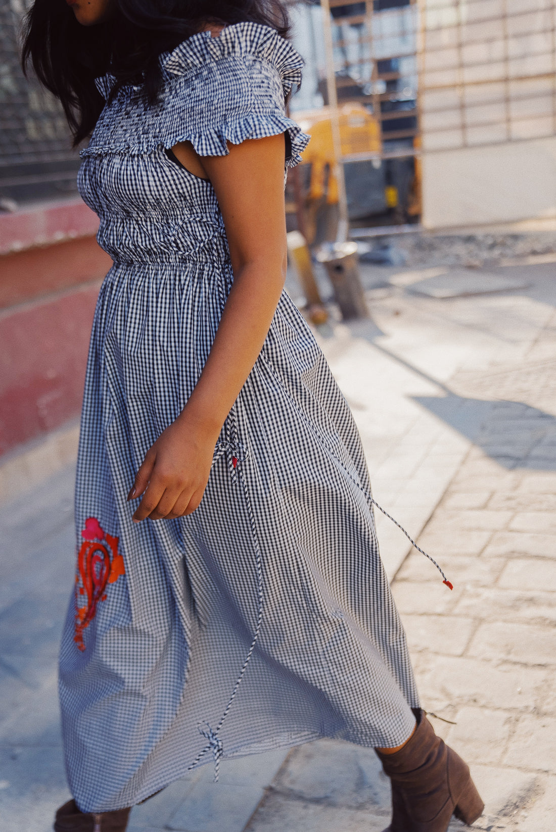 GINGHAM  SMOCKED OFF SHOULDER MIDI DRESS