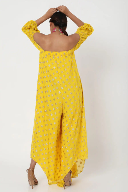 Yellow Embroidered Off Shoulder Jumpsuit